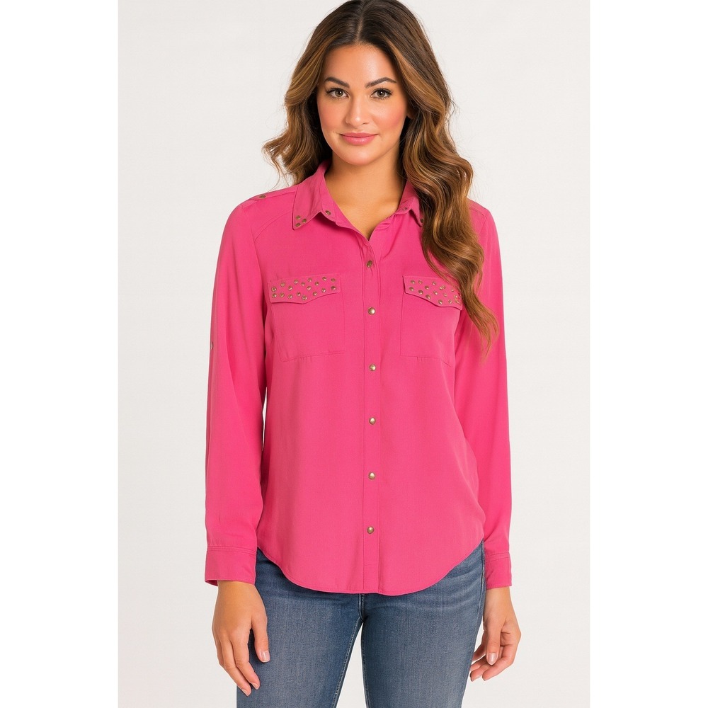 Western Snap‎ Shirt Womens S Pink Studded Cowgirl Y2K Festival Rodeo Boho Casual